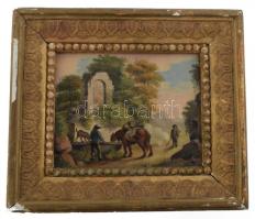 Jelzés nélkül, 1900 körül: Itatás. Olaj, fa. Hátoldalán Belvárosi Aukciósház III. Művészeti aukció (1996) raglapjával valamint nehezen olvasható felirattal (... Edouárd francia festő 1868-1940). Dekoratív, sérült fakeretben. 10x13 cm.