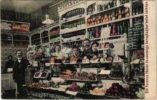 Budapest II. Élő Ferenc fűszer és csemege kereskedése, üzlet belső a személyzettel. Margit körút 26.