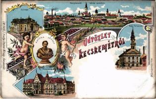 Kecskemét, látkép, zsinagóga, színház, új városháza, nagytemplom, Katona József szobra. Steiner Mihály kiadása. Art Nouveau, floral, litho (vágott / cut)