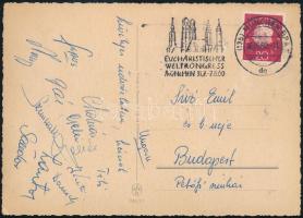 1960 Az MTK bajnok labdarúgócsapatának tagjainak autográf aláírással ellátott képeslapja Münchenből Sipos, Lantos,Szimcsák , Laczkó, Gellér, , stb / Autograph signed postcard of the Hungarian Champion MTK football team