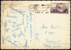 1958 Az MTK bajnok labdarúgócsapatának tagjainak autográf aláírással ellátott képeslapja Firenzébő Sipos, Gellér, Bödör, Szimcsák , Laczkó, Hidegkuti. Palotás Molnár, , stb /  Autograph signed postcard of the Hungarian Champion MTK football team from Firenze