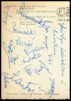 1958 Az MTK bajnok labdarúgócsapatának tagjainak autográf aláírással ellátott képeslapja Firenzébő S...
