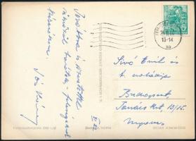 1960 Sós Károly (1909-1991) labdarúgó, edző és szövetségi kapitány autográf képeslapja Sívó Emil rendezőnek.  Sós játékosként a 30-as években focizott olyan klubokban, mint a Vasas, Nemzeti, Attila, de edzőként lett igazán elismert, sikereket ért el a Honvéd és a Kinizsi csapataival, valamint a magyar válogatott szövetségi kapitányaként is tevékenykedett, és 1964-ben bronzérmet nyert az olimpián