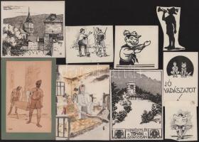 ca 1930-1940 10db cserkész grafika, egyedi rajz, több hátulján nyomda jelekkel, ami azt jelzi, hogy megjelent grafikák, több alkotótól. 10x16 cm-ig.