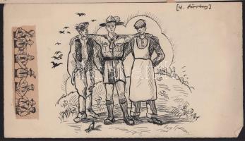 ca 1930-1940 4 db cserkész grafika, egyedi rajz, több hátulján nyomda jelekkel, ami azt jelzi, hogy ...