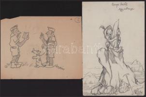 ca 1930-1940 4 db cserkész grafika, egyedi rajz, több hátulján nyomda jelekkel, ami azt jelzi, hogy megjelent grafikák, több alkotótól. 25x14 cm-ig.