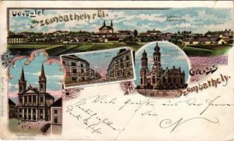 1898 Szombathely, látkép, Székesegyház, Széll Kálmán utca, zsinagóga. Apfel Art Nouveau, floral, litho (fa)