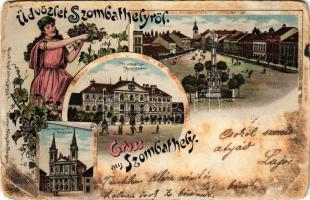 1898 Szombathely, Vármegyeháza, Székesegyház, Fő tér, szőlős hölgy. Druck Regel &amp; Krug Art Nouveau, floral, litho (Rb)