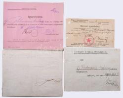 1919 Bp., Tanácsköztársaság, sorozó igazolvány, sorozási igazolás, Forradalmi Törvényszék elbocsájtó irat egy személy részére 4 db összesen, kartonra ragasztva