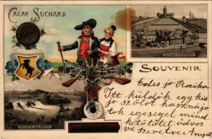 Cacao Suchard Swiss chocolate advertisement with Schaffhausen, Switzerland. Art Nouveau, floral, litho with coat of arms (fl)