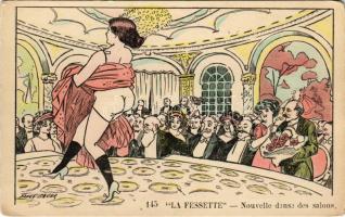 La Fessette - Nouvelle danse des salons / French erotic nude lady art postcard with dancer s: Xavier Sager (EK)