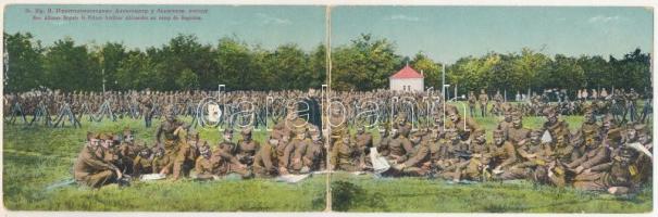 Son Altesse Royale le Prince héritier Alexandre au camp de Bagnitsa / Serbian military, His Royal Highness Crown Prince Alexander at the Bagnitsa camp. 2-tiled folding panoramacard (hajtásnál kopott / worn at fold)