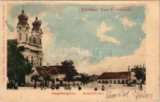 1902 Tata, Tata-Tóváros; Nagytemplom, Kossuth tér. Engländer és Társa kiadása + "BÉCS - GYŐR - BUDAPEST 14. SZ. B" vasúti mozgóposta bélyegző