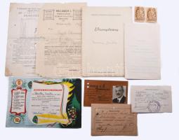 Kis papírrégiség tétel, benne néhány okmány, igazolvány, parafila, stb nagyrészt 1940 előtti
