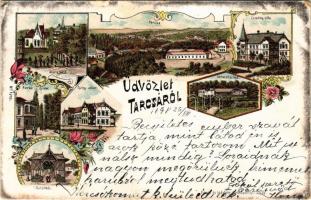 1898 Tarcsa, Bad Tatzmannsdorf; Mária és Carolina villa, Schweitzi ház, gyógyudvar, Forrás épület, Colonnade. Frankl és Ledofsky kiadása / Kurhof, Quelle / spa, villas, fountain, covered promenade. Art Nouveau, floral, litho (Rb)