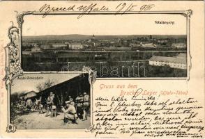 1901 Királyhida, Bruckújfalu Tábor, Brucker Lager, Bruckneudorf; Totalansicht, Auf der Schiesshalle. Alex J. Klein No. 502. / látkép, lövőcsarnok / view, shooting hall, K.u.k. soldiers. Art Nouveau, floral (fa)