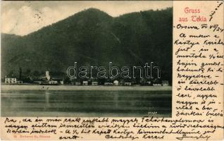 1900 Tekija, Tekia (Kladovo); Orsovával szemben a Dunán. Hutterer G. kiadása / general view, Danube riverside (Rb)