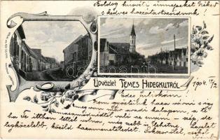 1904 Temeshidegkút, Hidegkút, Sabran-Guttenbrunn, Zabrani; utca, templom, Robert Szladek üzlete és saját kiadása / street, church, shop. Art Nouveau, floral (EB)