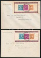 Németország Allierte Besetzung 1945 Segély blokkpár Mi 12 A + B fogazott és vágott, elsőnapi alkalmi bélyegzéssel 2 db borítékra felragasztva / blocks with original first day special postmarks on 2 covers. Certificate: Lippschütz (bélyegérték / stamp value) Mi EUR 450.-)