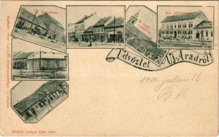 1901 Arad, Újarad, Új-Arad, Aradul Nou; Városháza, Római katolikus templom, Kir. Járásbíróság, üzletek. Mayr Lajos kiadása, Morschl György képei után / town hall, Catholic church, district court, shops. Art Nouveau (kis szakadás / small tear)