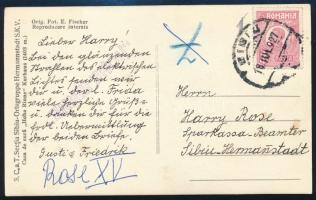 1927 Képeslap a Hohe Rinnéről román bélyeggel és ibolya színű "HOHE RINNE" bélyegzéssel nagyszebeni helyi küldeményként