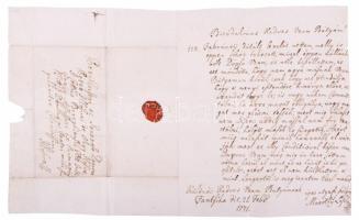 1771. feb 21. Fancsika (Fancsikova, Ukrajna), Maróthy László levele Ilosvay Péter, vármegyei ülnöknek. A levélben Maróthy megírta,egy bizonyos Dópfa úr tárgyalni szeretne Ilosvayval az árendáról valószínűleg földhasználattal kapcsolatban.  Ilosvay Péter Ű(?-1807) 1778-ban egyházi gondnokként kezdte pályafutását, 1763-ban esküdt, majd 772, 1775, 1779 és 1781-ben főszolgabiró, 1799-ben a nemesi felkelés szervezésével megbízott helyettes alispán volt Bereg vármegyében 1784-ben másod kapitány volt a  felkelt beregmegyei nemes lovasseregben, 1797-ben pedig a felkelt gyalogságnál viselt alezredesi rangot. A levelet a pecsétküldő gyűrűspecsétjével erősítette meg, amelyen egészben látható a Maróthy család címere, amely egy a nyelvét kinyújtó ágaskodó kígyó, amelyet öt lebegő rózsa fog közre. Magyar nyelvű irat.