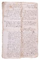 1649. szept. 28. Sasvár Felvidék (Sastín, Szlovákia), Ugocsa vármegyei bíróságon (sedria) előadott peres ügy jegyzőkönyve Kisfalusy Gábor és Kun István között szökött jobbágyok ügyében. Latin és magyar nyelvű irat, az ügyet aláírásával ellenjegyezte Fejérpataky Kristóf, vármegyei jegyző. 10 beírt oldalon   1649. Sept. 28. Sasvár Felvidék (Sastín, Slovakia), minutes of a lawsuit presented at the Ugocsa county court (sedria) between Gábor Kisfalusy and István Kun in the case of runaway serfs. Document in Latin and Hungarian, the case was countersigned by Kristóf Fejérpataky, county clerk. 10 written pages