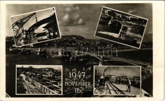 1947 November 16. Budapest, Margit híd újjáépítésének emlékére, munkások, daru (gyűrődések / creases)