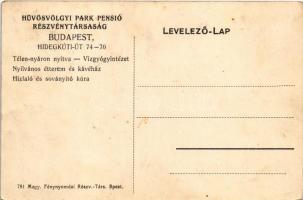 Budapest II. Hűvösvölgyi Park Pensió Részvénytársaság, szökőkút, virágcsoport, hátoldalon reklám. Hi...