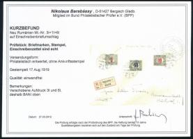 Kolozsvár 1919 Ajánlott nagyszebeni helyi levél Portó 2f, 10f, 50f bélyegekkel bérmentesítve. Certif...