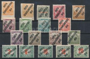 Posta Ceskoslovenska 1919 18 db bélyeg, közte elcsúszott felülnyomatok, lemezhibák mind Bodor vizsgálójellel (16.400)