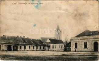 1917 Somorja, Csallóköz-Somorja, Somorin, Samorín; Gabona piac, Somorjai Takarékpénztár, gyógyszertár, templom. Kranzinger Nándor kiadása / market square, savings bank, pharmacy, church (Rb)