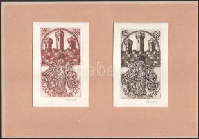 Feszt László, ifj. (1957- ): 2 db ex libris Arató Antal, 1989 (egy paszpartuban). Rézkarc, papír, mindkettő jelzett, 10,5×6 cm