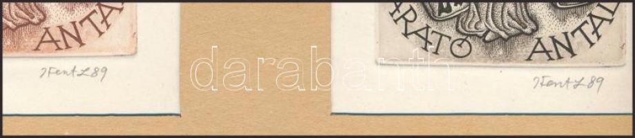 Feszt László, ifj. (1957- ): 2 db ex libris Arató Antal, 1989 (egy paszpartuban). Rézkarc, papír, mi...