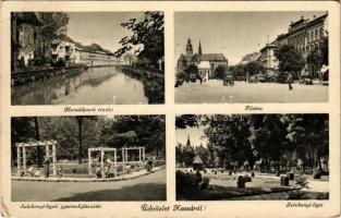 1940 Kassa, Kosice; Hernád-parti részlet, Fő utca, Széchenyi liget, gyermekjátszótér / Hornád riverside, main street, park, playground (EB)