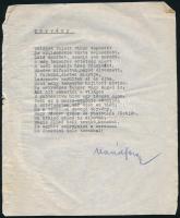 Vaád Ferenc (1908-1984) író, költő, újságíró: Törvény c. versének autográf aláírással ellátott kézirata (gépirat)