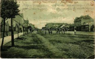 1916 Nagymihály, Michalovce; Kossuth Lajos utca, gyógyszertár, üzletek. Strompl Jenő és István kiadása / street view, pharmacy, shops (fl)