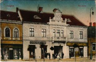 Galgóc, Hlohovec; városháza, gyógyszertár, üzletek. Vasúti levelezőlapárusítás 7. sz 1918. / town hall, pharmacy, shops (EB)