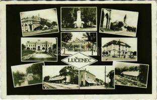 1938 Losonc, Lucenec; mozaiklap, vasútállomás / multi-view postcard with railway station + "1938 Losonc visszatért" So. Stpl. (gyűrődés / crease)