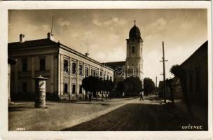 1938 Losonc, Lucenec; utca, templom / street view, church + "1938 Losonc visszatért" So. Stpl. (vágott / cut)