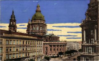 Budapest V. Váci körút, Andrássy út - Bajcsy-Zsilinszky út sarok, Bazilika, Grünwald Lipót, Kálmán és Heller üzlete, villamos