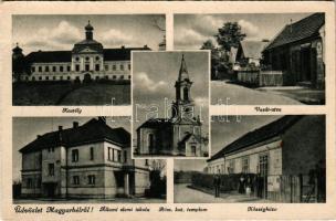 1944 Magyarbél, Madarsky Biel, Velky Biel; Csáky kastély, Vasút utca, Állami elemi iskola, Római katolikus templom, községháza / castle, street, school, church, town hall (EB)