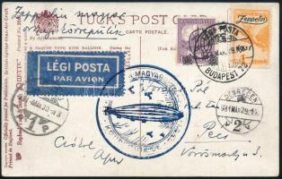 1931 Brit katonai léghajót ábrázoló dekoratív korai Tuck Oilette képeslap a Zeppelin magyarországi körrepüléssel, 1P Zeppelin bélyeggel, debreceni ledobással. Ritka érdekes kombináció!