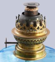 Kéküveg tartályos antik petróleum lámpa, m: 27 cm