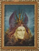 Edit jelzéssel: Női szürrealista portré. Olaj, farost. Dekoratív, sérült fakeretben, 40×30 cm