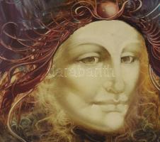 Edit jelzéssel: Női szürrealista portré. Olaj, farost. Dekoratív, sérült fakeretben, 40×30 cm