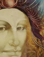 Edit jelzéssel: Női szürrealista portré. Olaj, farost. Dekoratív, sérült fakeretben, 40×30 cm