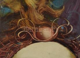 Edit jelzéssel: Női szürrealista portré. Olaj, farost. Dekoratív, sérült fakeretben, 40×30 cm