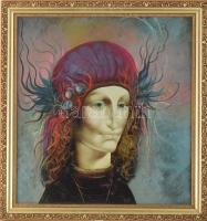 Jelzés nélkül: Női szürrealista portré. Olaj, farost. Dekoratív, kissé sérült fakeretben, 43×40 cm