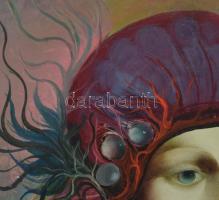 Jelzés nélkül: Női szürrealista portré. Olaj, farost. Dekoratív, kissé sérült fakeretben, 43×40 cm